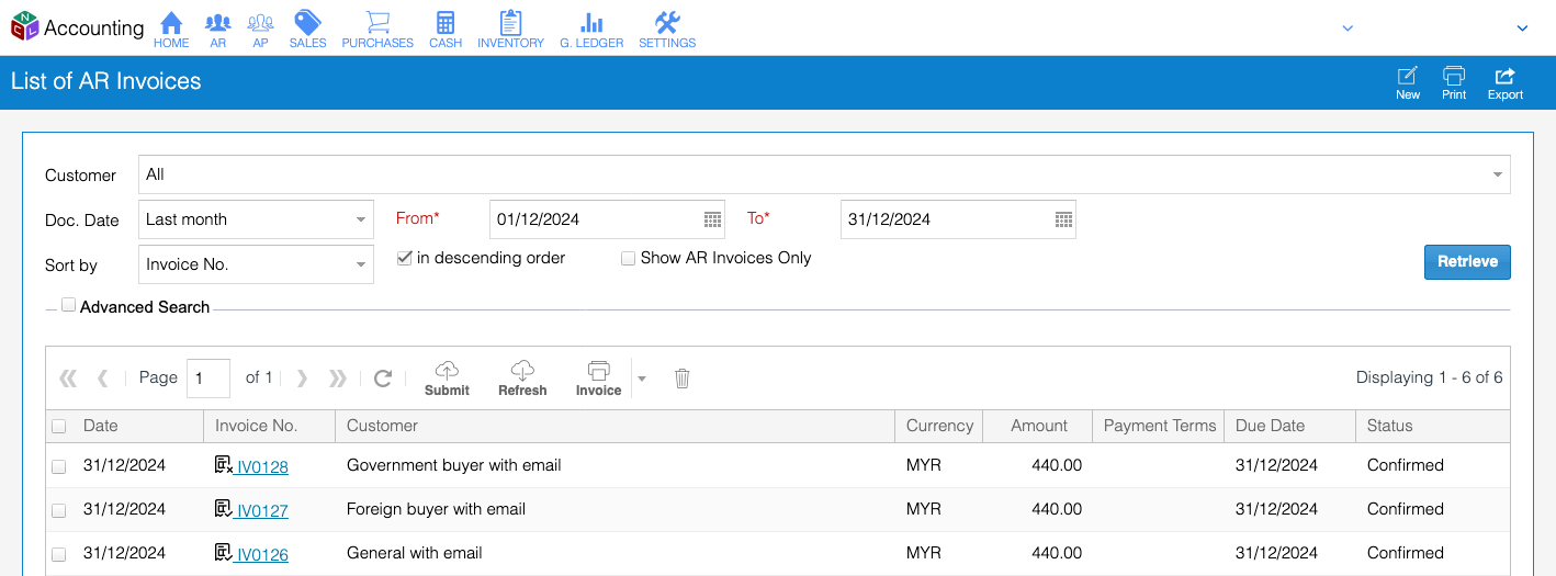 e-invoice ar invoice listing