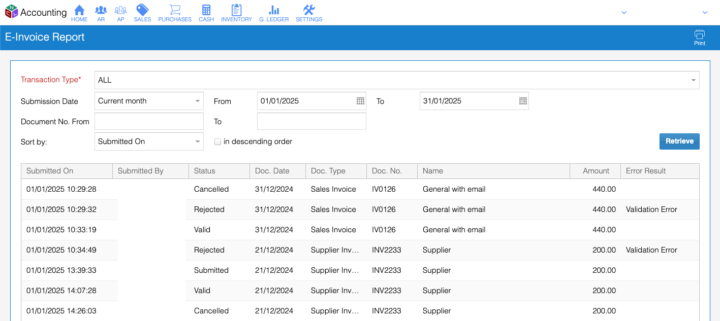 e-invoice report listing